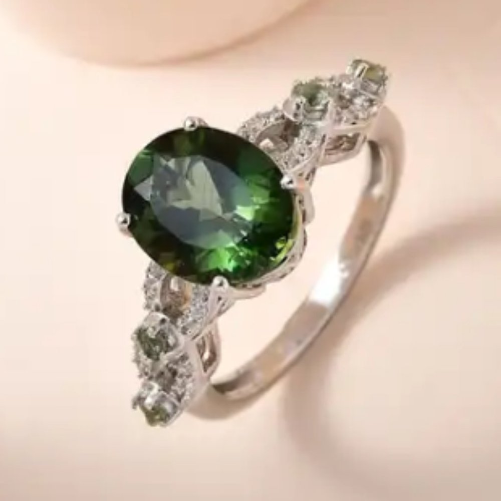 Natural Green Apatite/White Zircon in Platinum Over Sterling Silver